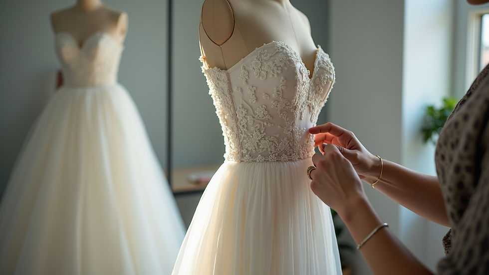 Close-up view of a wedding dress being altered on a mannequin