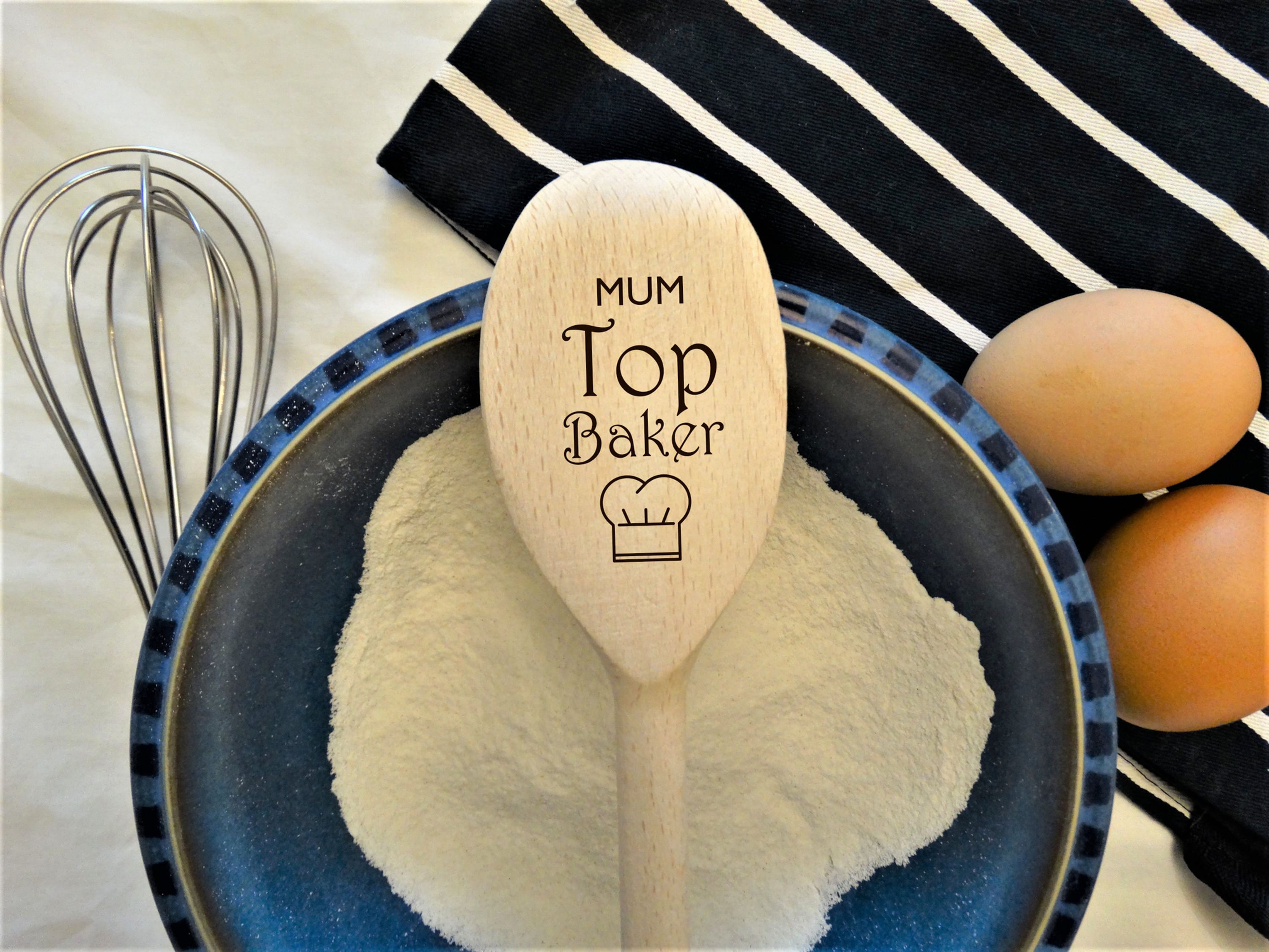 Name + "Top Baker" Engraved on a Personalised Wooden Spoon, eg. Mum - Top Baker.