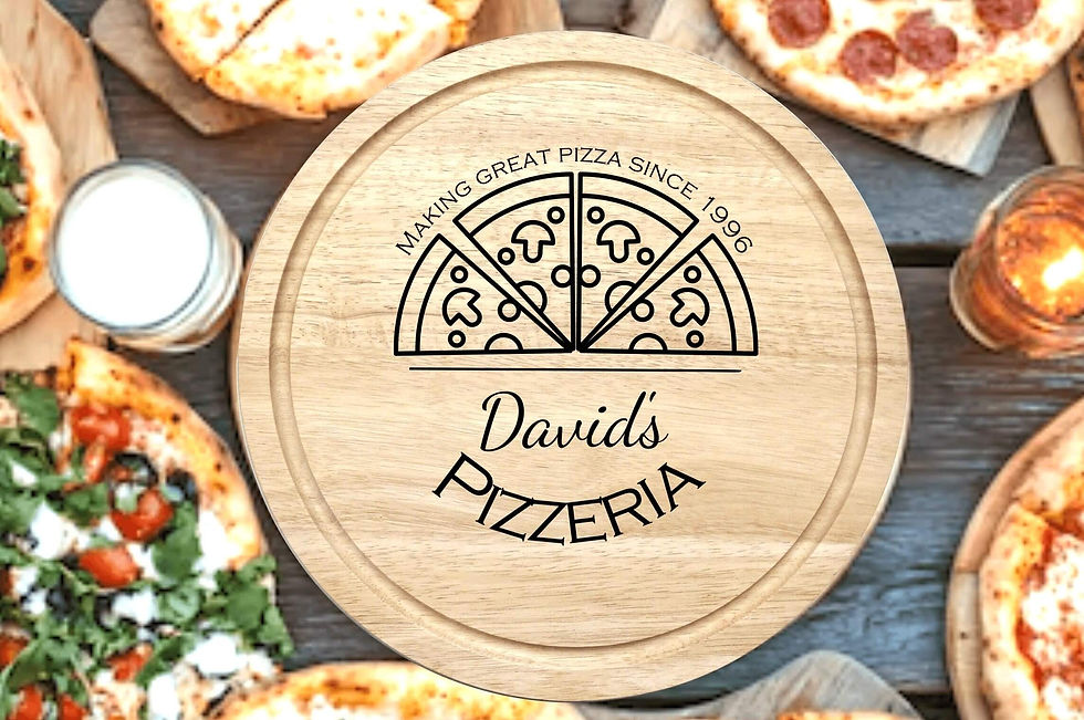 30cm round wooden pizza board personalised with an engraving of a message from the buyer. Gift available to buy.
