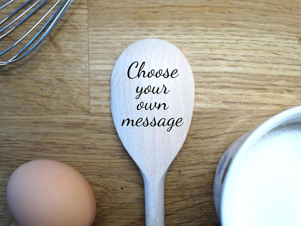 wooden spoon with text "choose your own message" engraved, to show customers that can personalise with any message