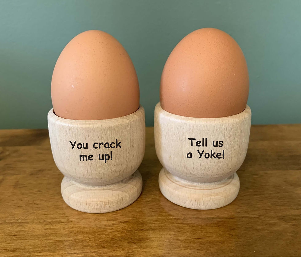 Thumbnail: Set of 4 Funny Wooden Egg Cups – Personalised Engraved Breakfast Gift