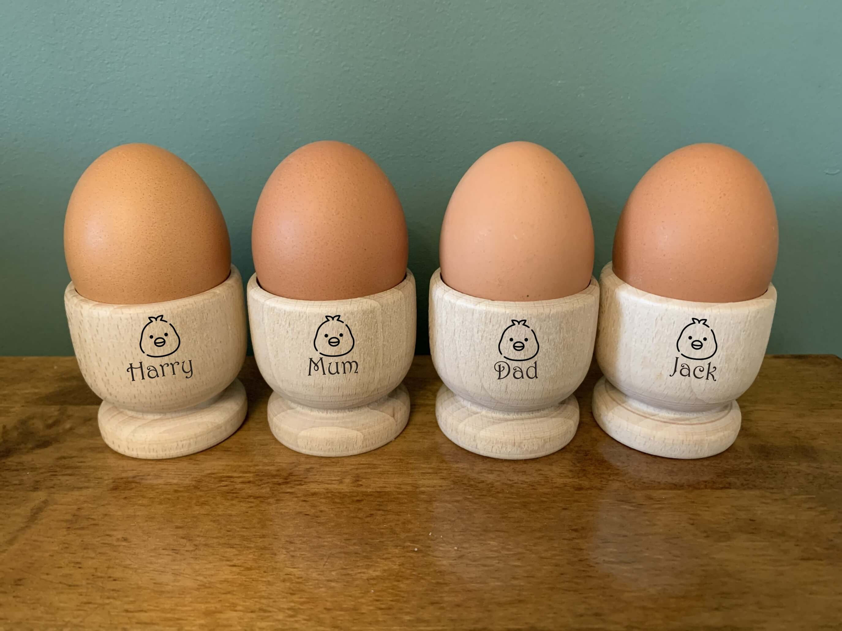 Set of 4 Personalised Egg Cups, Engraved Chicks, Boiled Egg Breakfast Gift Idea