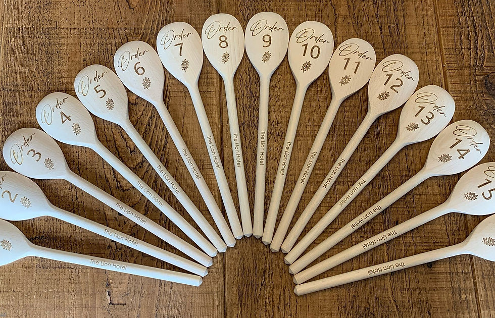 Thumbnail: 11 wooden spoons with engraved cup of coffee and words table and a number. With restaurant name on handle