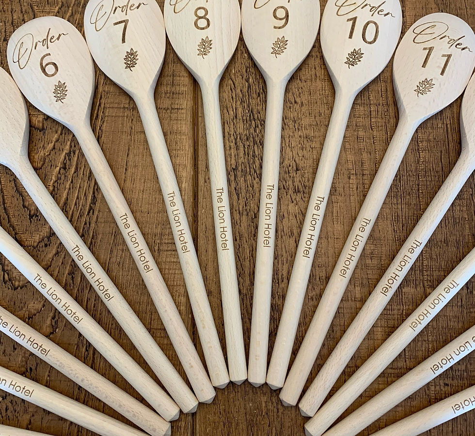Thumbnail: 11 wooden spoons with engraved cup of coffee and words table and a number. With restaurant name on handle