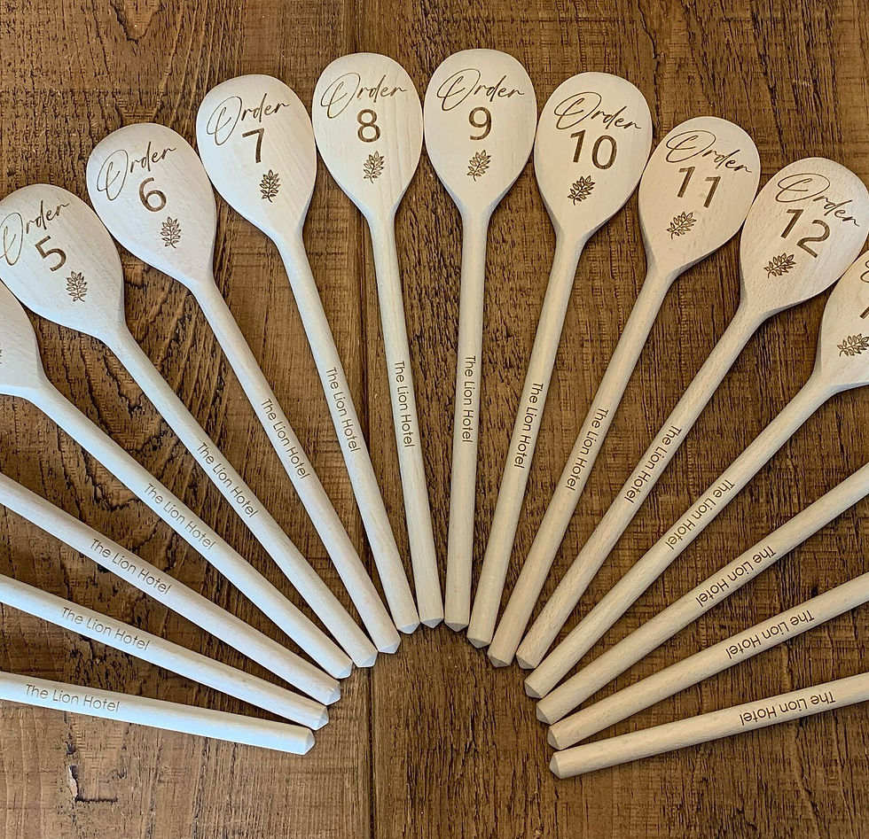Thumbnail: 11 wooden spoons with engraved cup of coffee and words table and a number. With restaurant name on handle