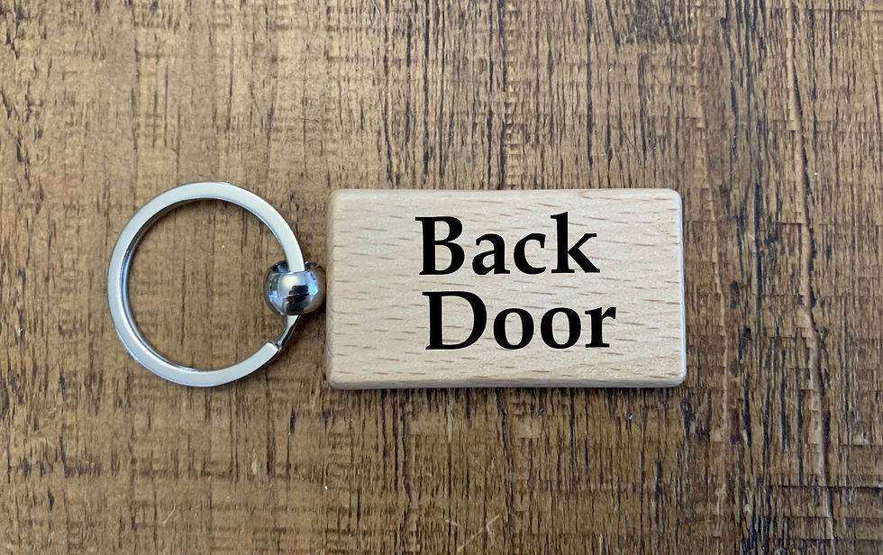 Thumbnail: Door Key- Engraved Rectangle Solid Wood Keyring for your Home.