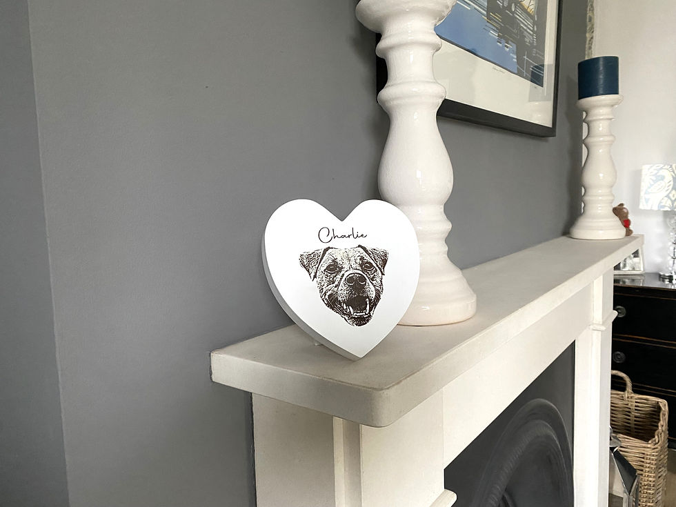 Thumbnail: Pet Photo Gift. Engraved Image of Your Pet on a White Wooden Heart Plaque.