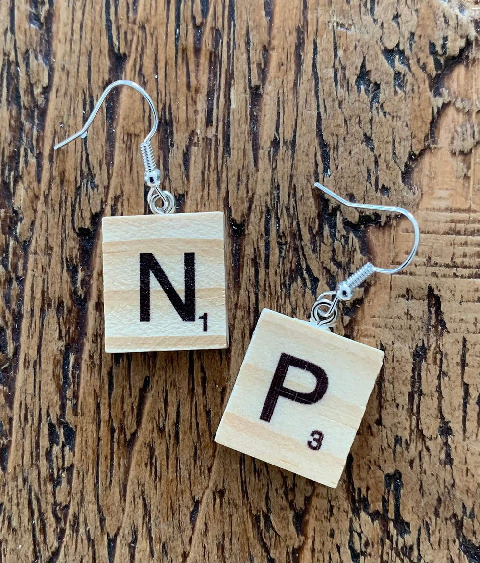 Thumbnail: Example of the product for customers. Silver plated dangle drop earrings with a wooden tile on each, that has one letter prin