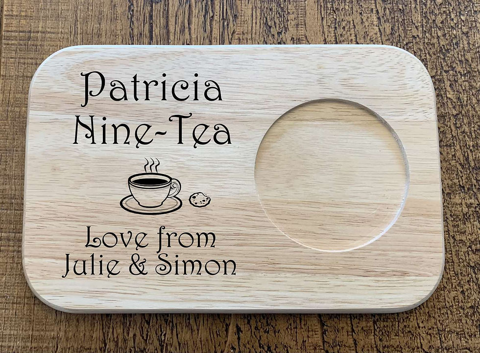 Thumbnail: personalised engraved wooden board to hold cup of coffee and biscuits
