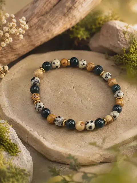 Renaissance - Bracelet en jaspe dalmatien, jaspe paysage et agate mousse