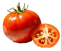A ripe, whole tomato with a glossy red s