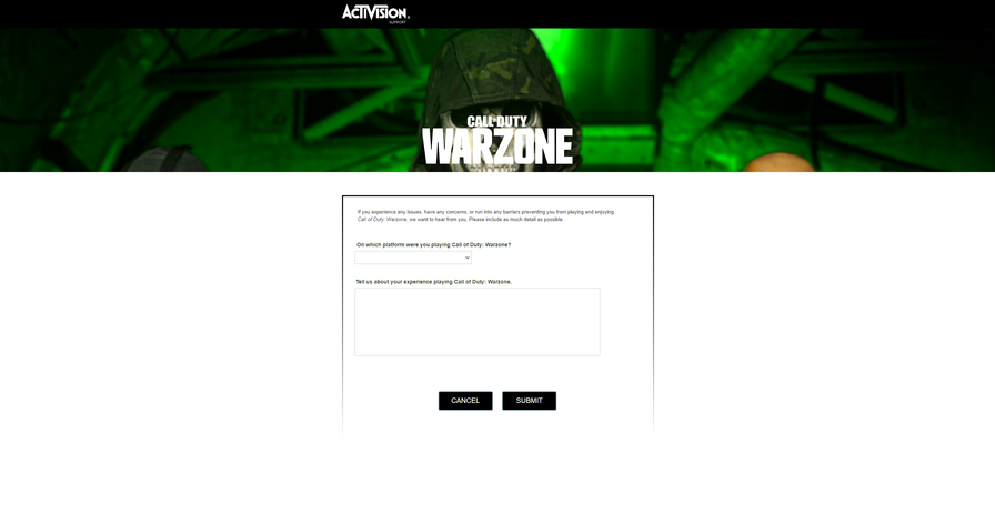 View of the Warzone Accessibility FAQ Feedback Survey
