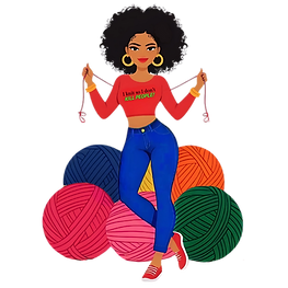 black woman hold yarn standing in front of large yarn balls