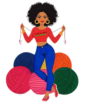 black woman hold yarn standing in front of large yarn balls