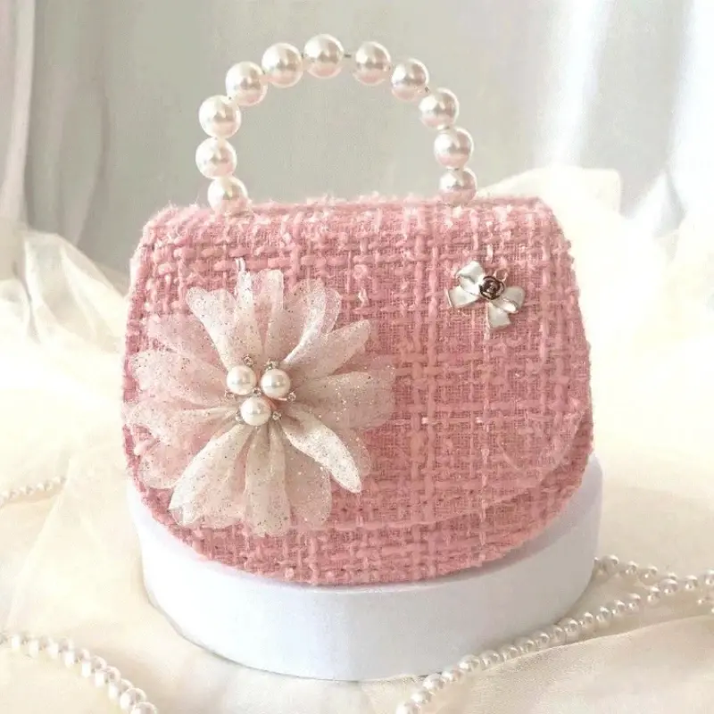 Cute Flower Princess Girls Flap Shoulder Bags Sweet Kid Pearl Top-Handle Bag