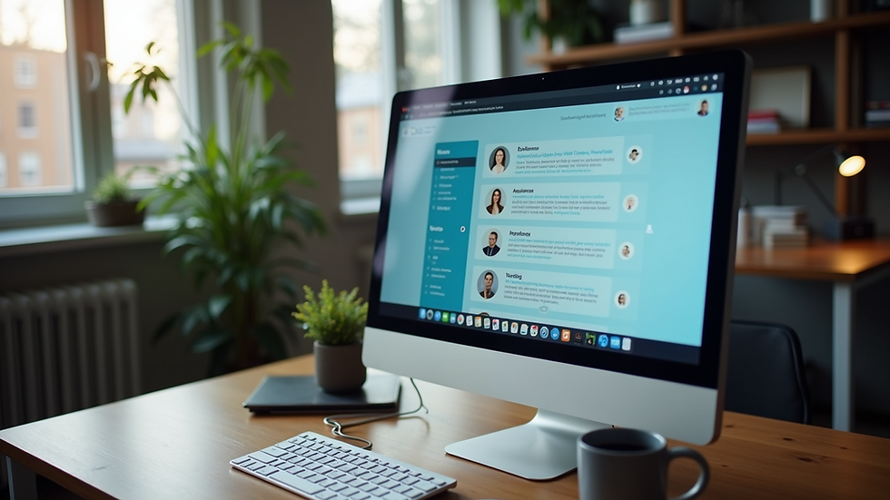 High angle view of a computer screen displaying an online business networking platform