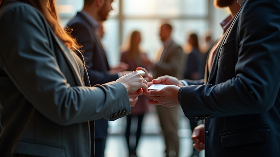 Eye-level view of a professional networking event with people exchanging business cards