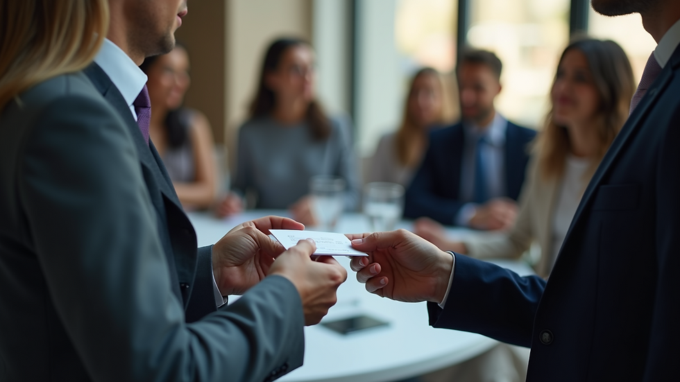 Eye-level view of a professional networking event with people exchanging business cards