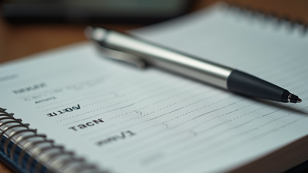 Close-up view of a notebook with networking notes and a pen
