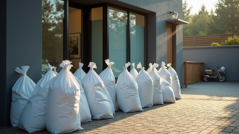 High angle view of laundry bags ready for pickup outside a commercial building