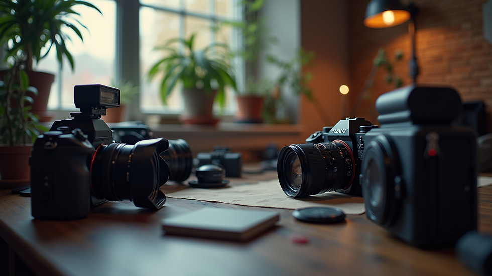 Eye-level view of a film workshop setup with cameras and equipment