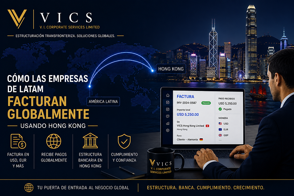 Hombre frente a laptop con una factura en la pantalla. Fondo de la ciudad de Hong Kong. Texto sobre facturación global para empresas LATAM.