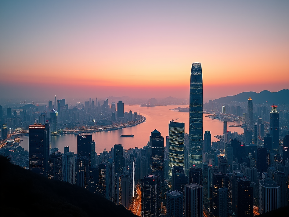 Hong Kong skyline at sunset, showcasing modern skyscrapers and harbor lights, a symbol of