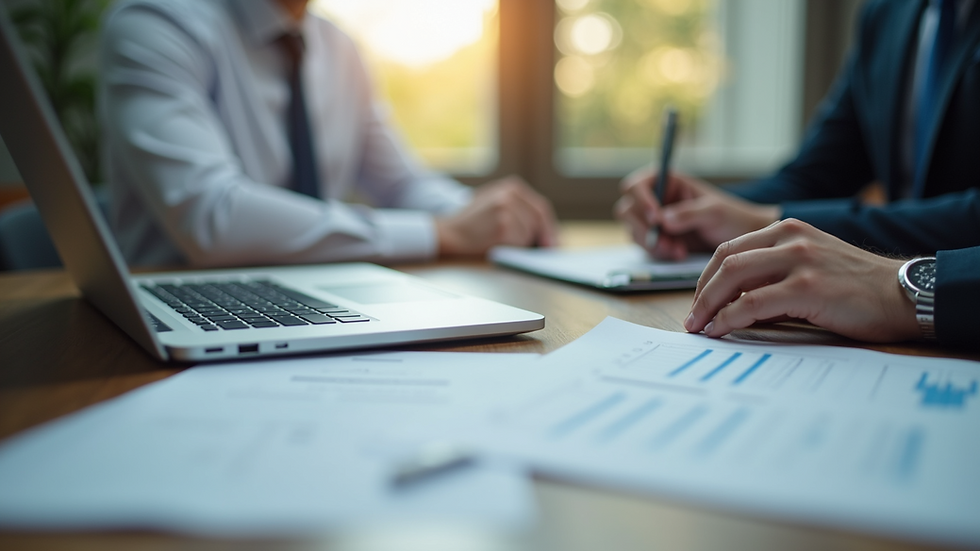 Close-up view of a business meeting with documents and a laptop on the table
