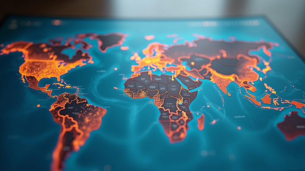 High angle view of a world map with business connections highlighted