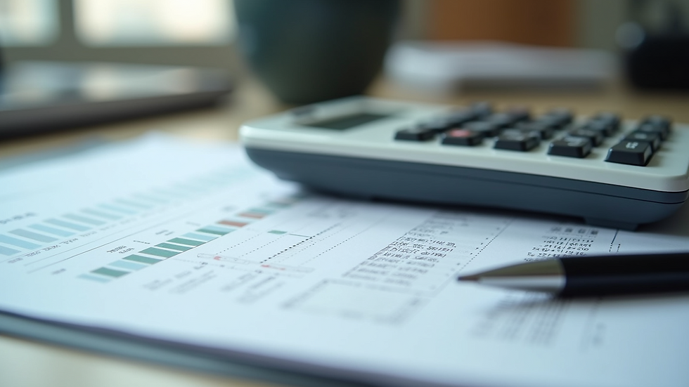 Close-up view of financial documents and a calculator on a desk