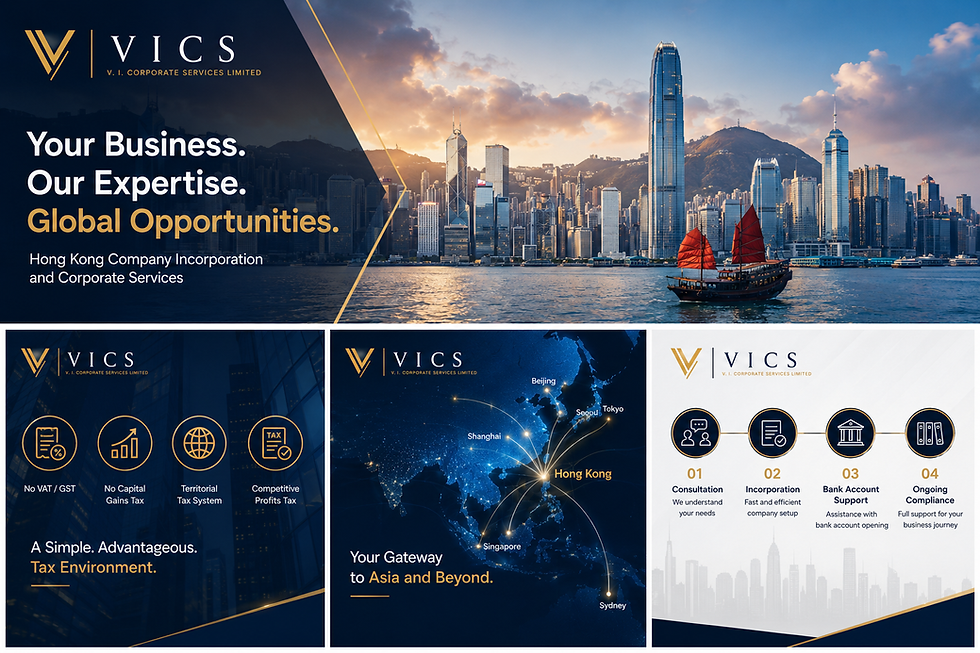 Folleto de VICS con skyline de Hong Kong, junco rojo en el mar y paneles sobre incorporación, impuestos y expansión en Asia.