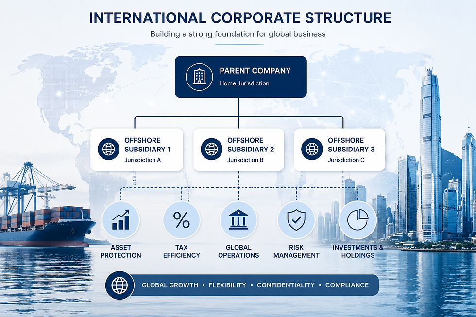 Corporate structure chart showing a parent company with three offshore subsidiaries and benefits like tax efficiency. City skyline and ship.
