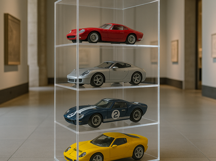 Transparente Acrylglas-Vitrine mit Modellrennautos in einem modernen Museumsraum, edles Design und klare Linien