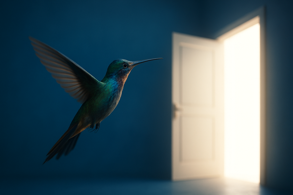 humminbird going through opening of door at a senior care facility