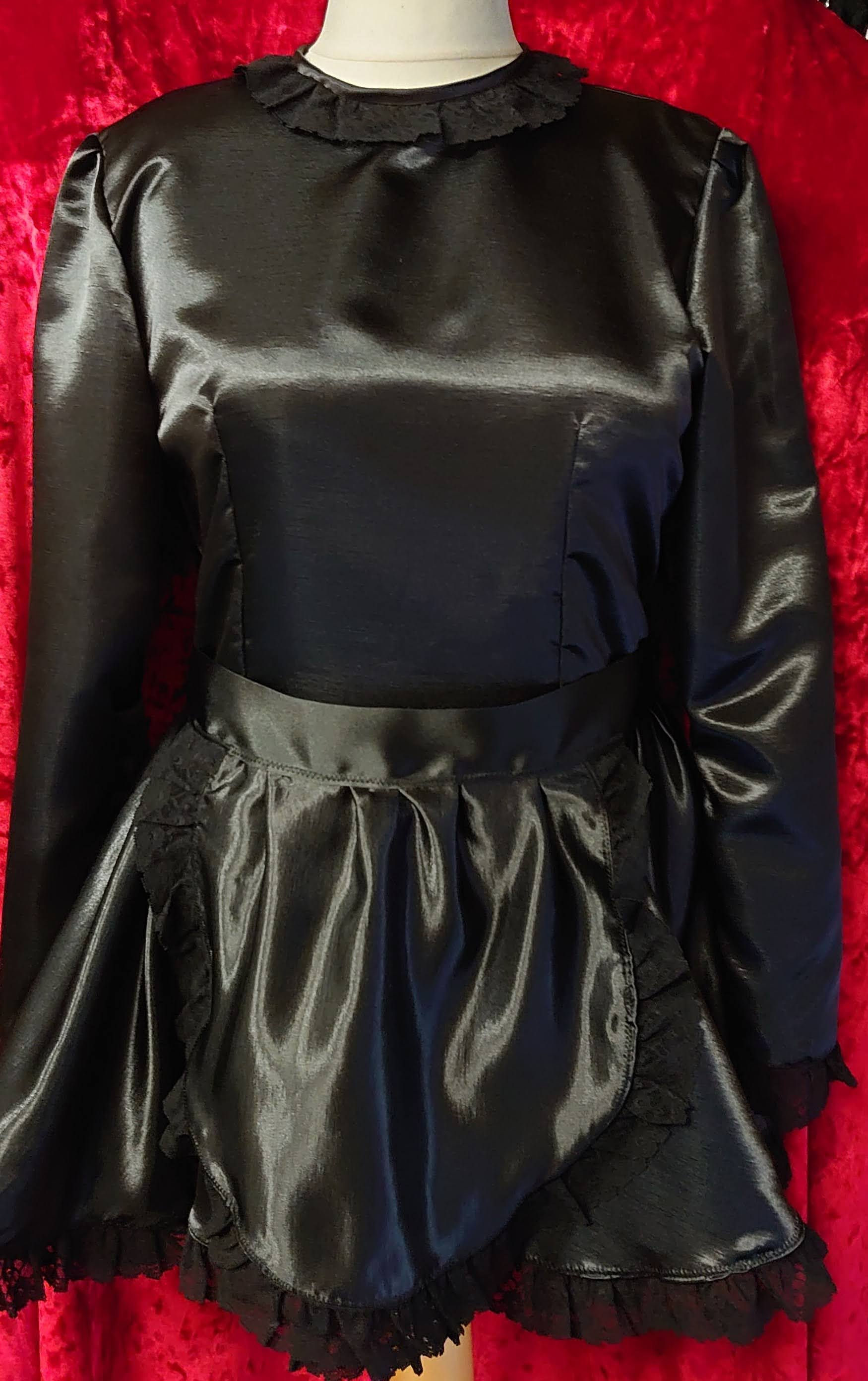Black Satin Maids Dress, Round Neck L/Sleeved & Apron with Black Lace