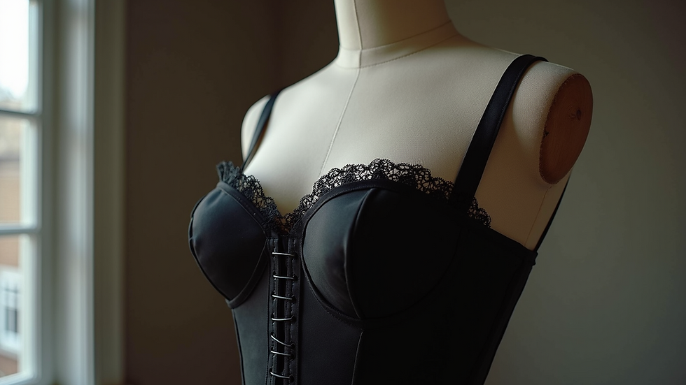 High angle view of a mannequin wearing a black corset with lace details