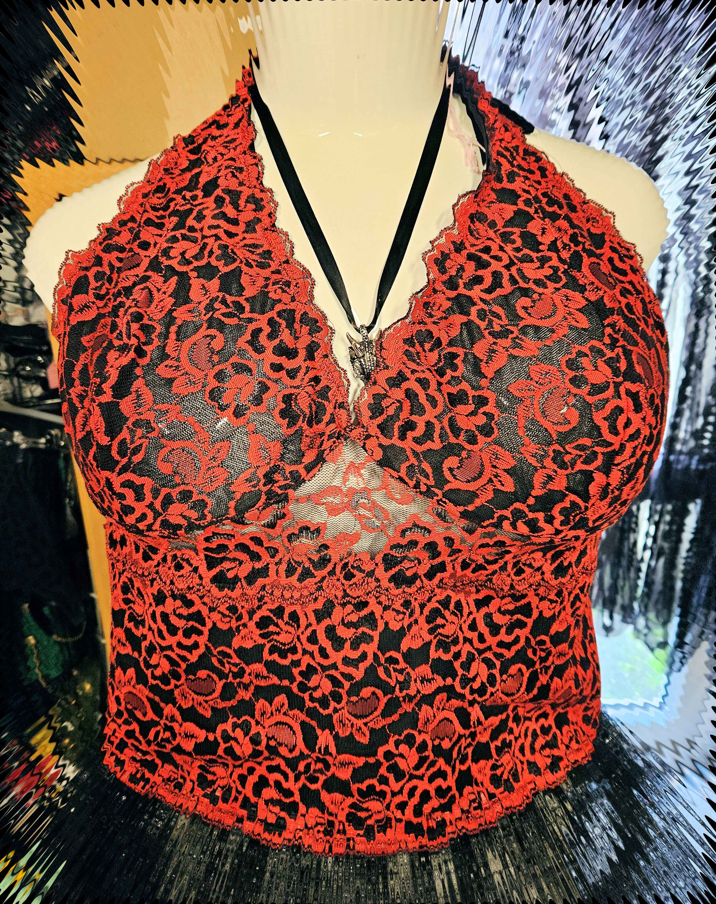 Red and Black Lace Long Line Halter Neck Bra Top