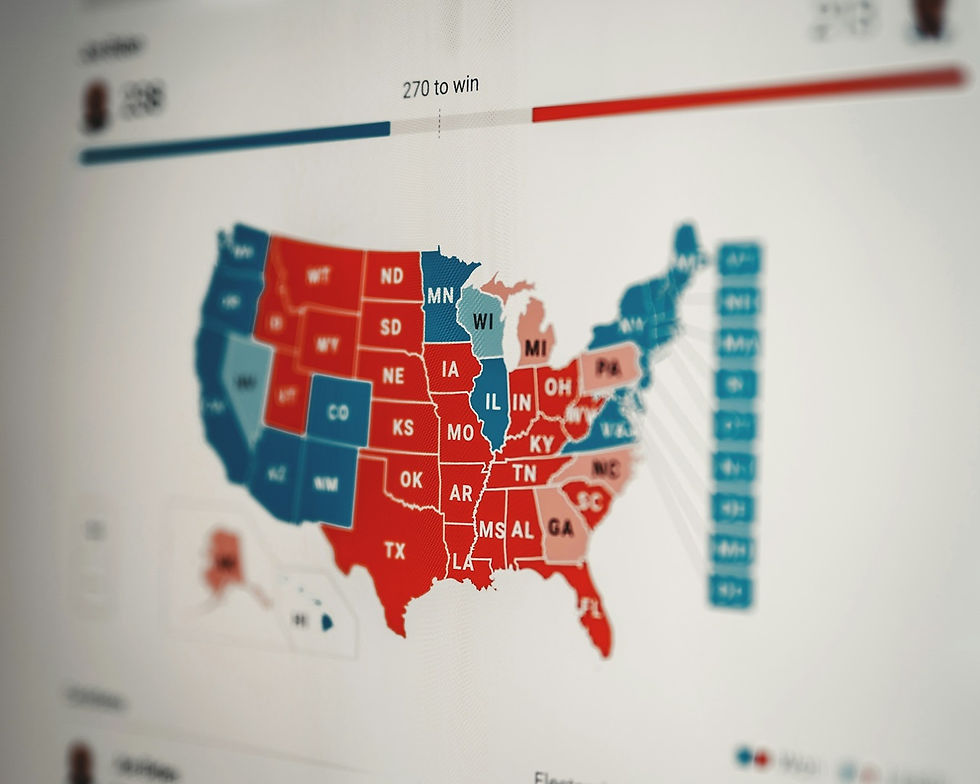 White board and US map with states in red and blue