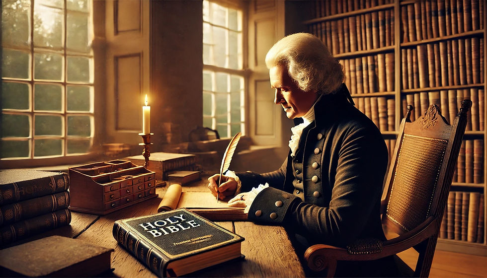 Thomas Jefferson writing with quill pen Bible on desk