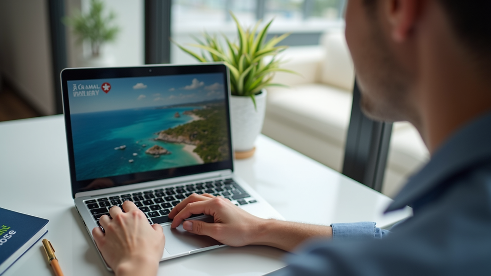 Eye-level view of a travel consultant showing a personalized itinerary on a laptop