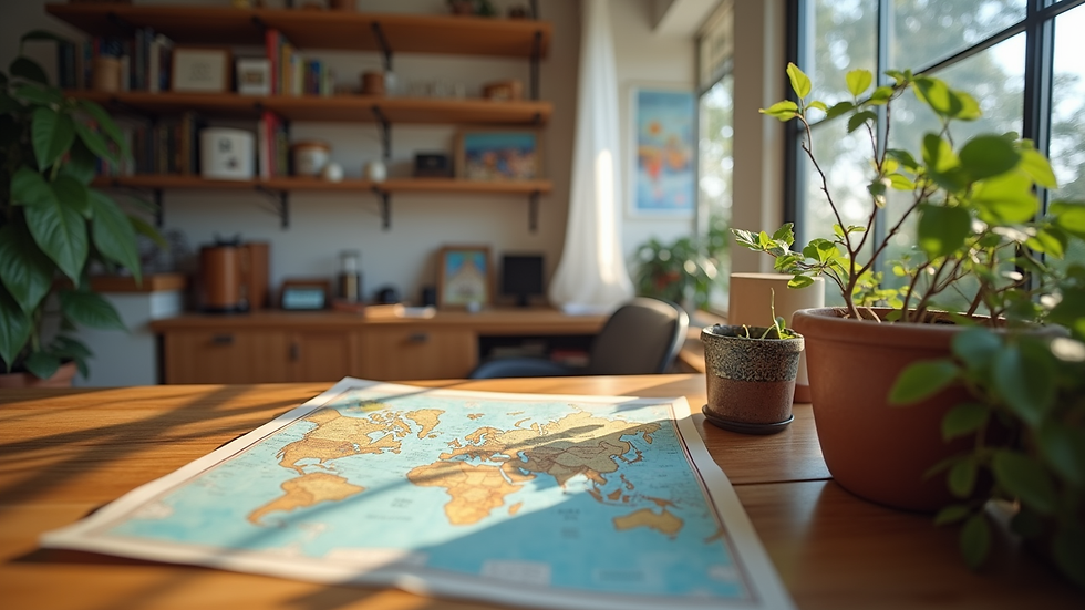 Wide angle view of a cozy travel agency office with maps and brochures