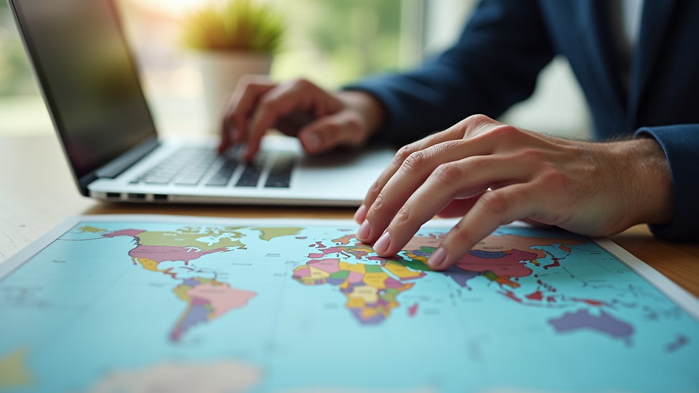 Close-up view of a travel consultant working on a laptop with maps