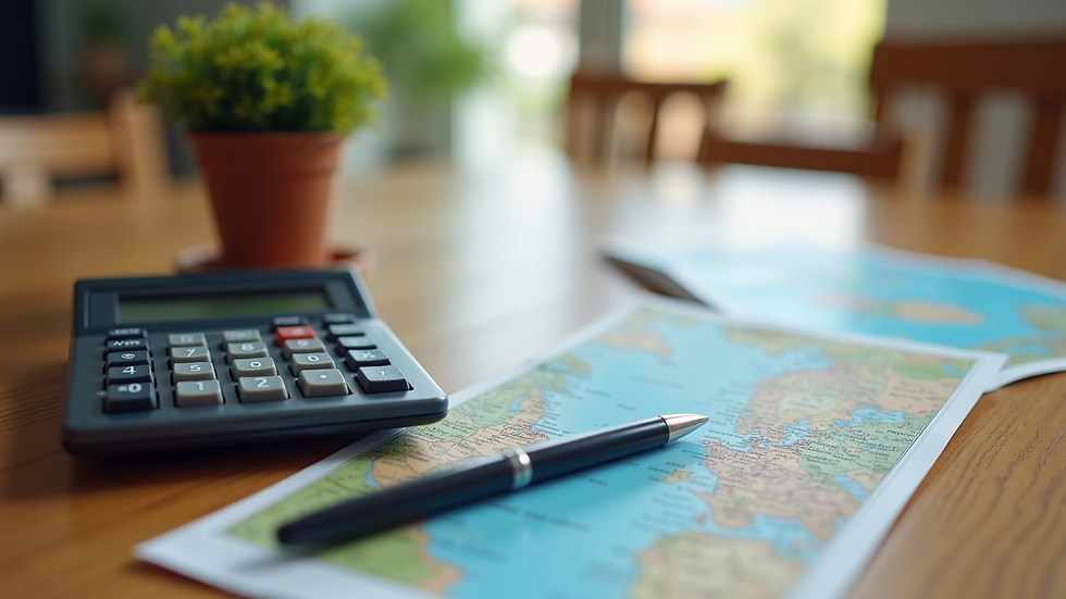 Close-up view of a calculator and travel brochures on a wooden table