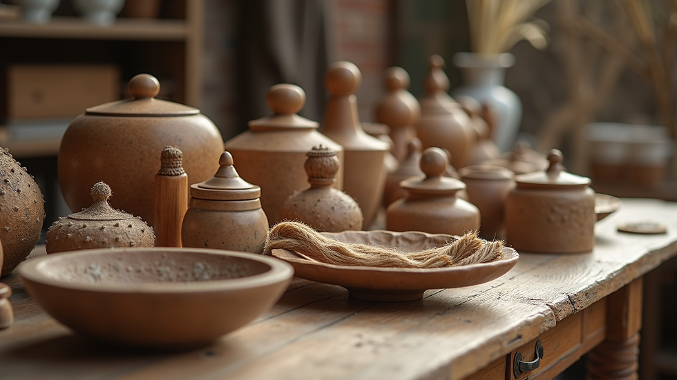Close-up of traditional handmade crafts displayed on a wooden table