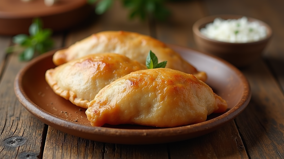 High angle view of a traditional Chilean empanada on a wooden table