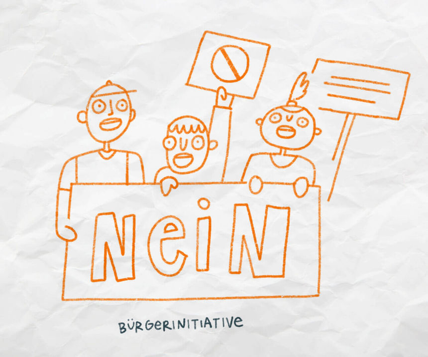 Illustration einer Menschengruppe mit Protestschildern