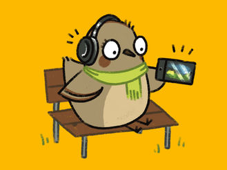 Illustration eines niedlichen Vogels mit Kopfhörern und Smartphone auf einer Bank sitzend