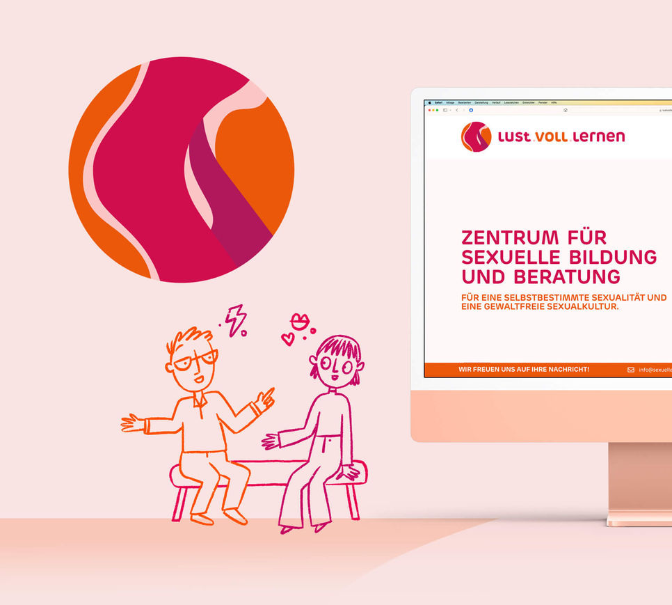 niedliche Illustration von zwei Erwachsenen im Gespräch über Liebe, ein iMac mir einer geöffneten Internetseite daneben und darüber ein rundes Logo in warmen Farben
