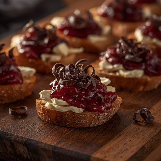 Gorgonzola Dolce Crostini with Spiced Cherries and Cark Chocolate