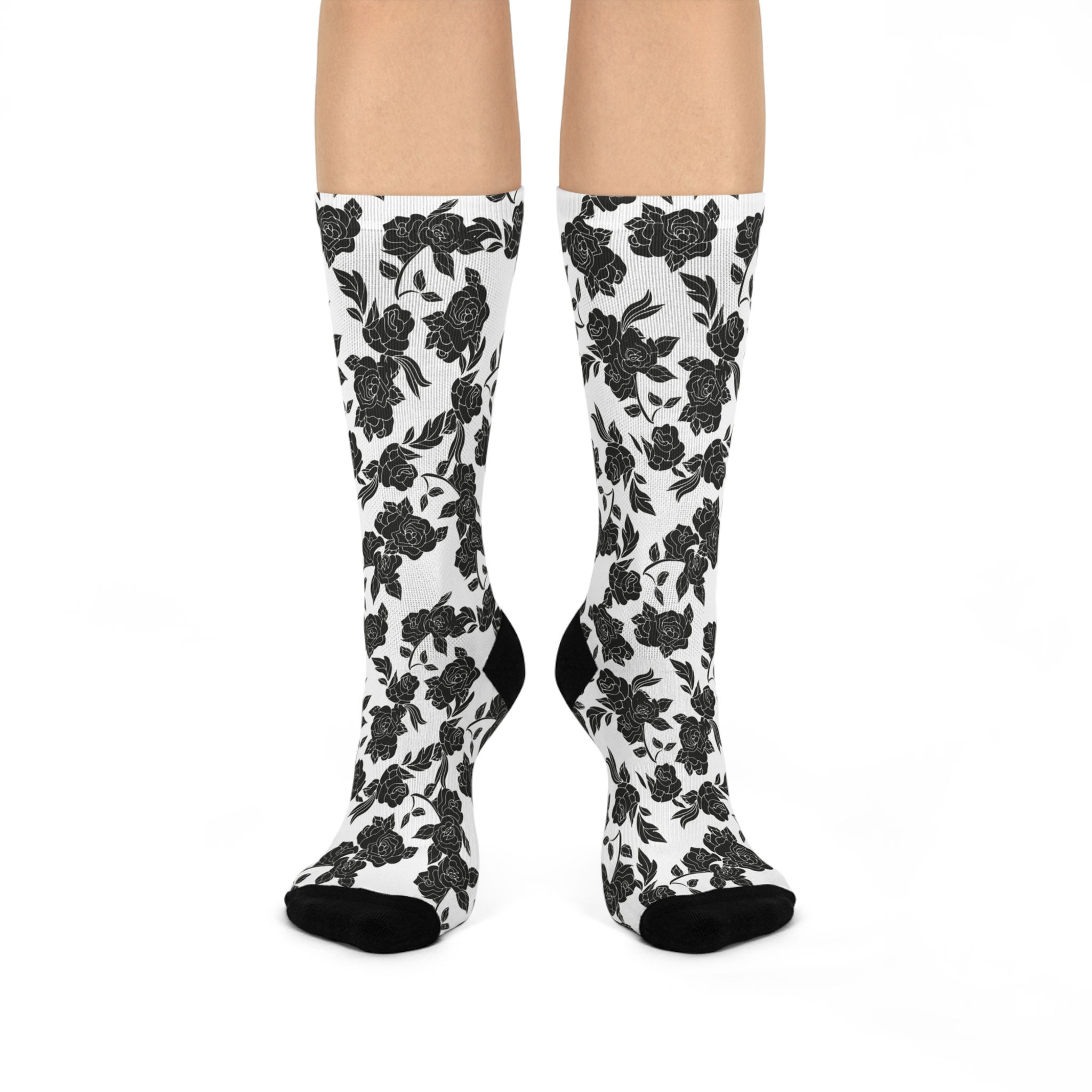 Black Rose Patterned Cushioned Crew Socks